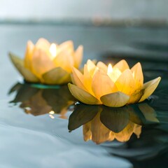 Two floating lotus candles on water