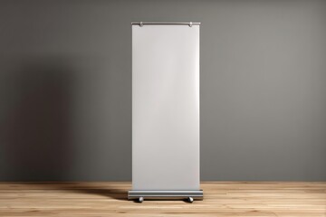 A blank roll up banner stands on a wooden floor against a gray wall in a well lit interior space