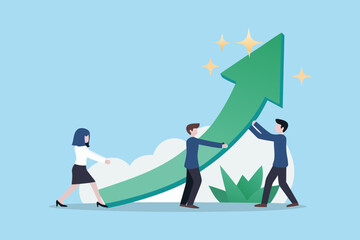 Teamwork and collaboration driving business growth and success with a rising green arrow