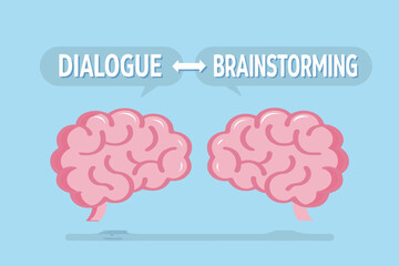 Two pink cartoon brains communicating ideas through dialogue and brainstorming with speech bubbles