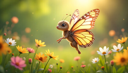 Whimsical Flutterby in Blooming Meadow: A charming anthropomorphic butterfly with radiant wings soars gracefully amidst a vibrant field of colorful wildflowers, bathed in sunlight.