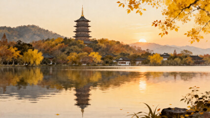 Sunset over lake with pagoda and autumn trees