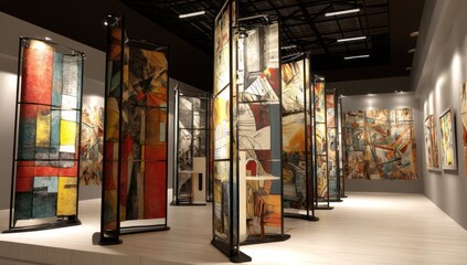 A gallery exhibition featuring abstract art panels displayed in a spacious white room setting inside