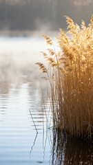 Reeds by the lake at sunrise
