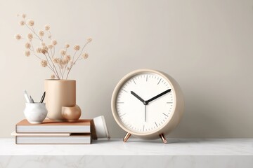 Still life featuring a clock, books, and vase with dried flowers on a light surface against a neutral wall