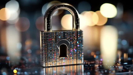 A close-up of a shimmering padlock on a digital circuit board, symbolizing cybersecurity and protection - Powered by Adobe
