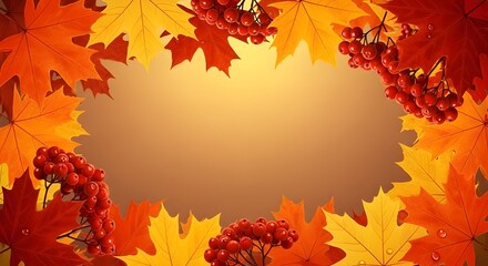 Fototapeta premium Warm Autumn Background with Orange and Yellow Maple Leaves and Rowan Berries Border for Copy Space