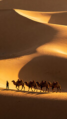 Camels in desert at sunset