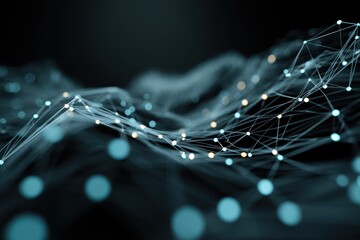 Abstract network of connected dots and lines on a dark background with bokeh effect lights