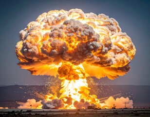 Enormous, fiery mushroom cloud erupting from a desert location