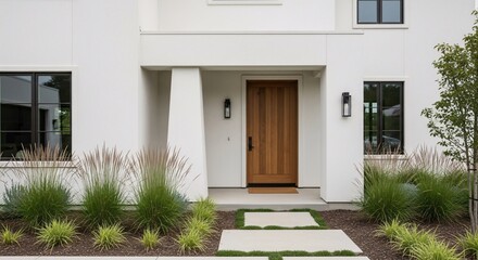 Front view of a modern house with a wooden door and landscaping with grass and stone path design