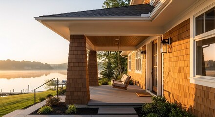 Covered porch with cedar shake siding and a swing overlooking a serene lake at sunrise or sunset
