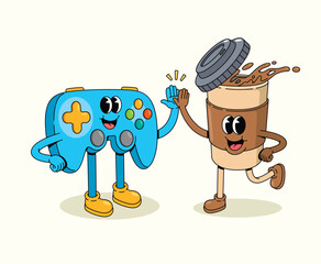 coffee cup and game controller groovy cartoon illustration
