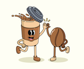 coffee cup and coffee bean high five groovy cartoon illustration