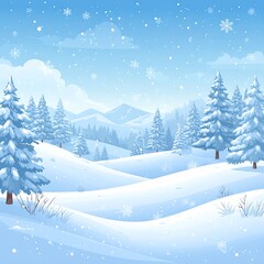 Snowy winter landscape with hills and trees