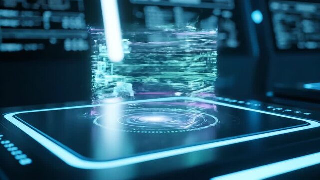 Digital engine hologram display futuristic tech interface blue glowing lines modern technology concept