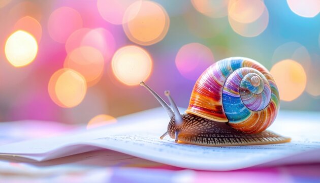 A colorful snail slowly crawling on a with a vibrant bokeh background effect. - Powered by Adobe