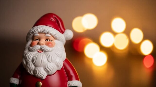 Niedliche Weihnachtsmann-Figur mit roter M&uuml;tze und warmem Bokeh im Hintergrund