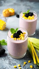 Two glasses of purple smoothie with corn and blackberries