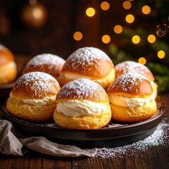 Festive cream-filled buns with powdered sugar