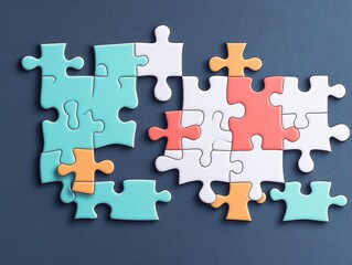 Fototapeta premium Colorful jigsaw puzzle pieces arranged on a blue background with some connected and others separated, symbolizing teamwork, problem solving, and mental challenge