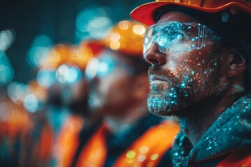 Unified effort: construction workers poised to build a better tomorrow. Sales data. Dawn breaks over a busy construction site as workers prepare in unison. Kpi tracking. Investment analysis.