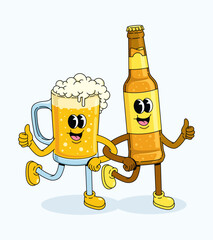 beer mug and beer bottle walk together groovy cartoon illustration