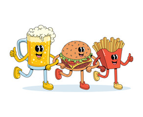 beer mug and fast food walk together groovy cartoon illustration