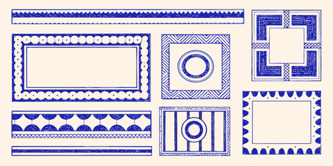 Collection of hand drawn blue decorative borders and frames with geometric patterns and simple shapes
