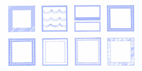 Collection of eight hand drawn decorative purple frames and borders with various patterns and styles