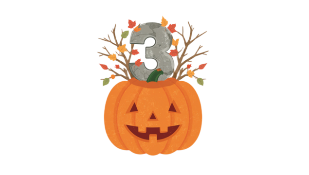 Happy Halloween! A festive pumpkin with the number 3, adorned with autumn leaves, signals the approaching celebration