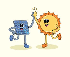 solar panel and sun high five groovy cartoon illustration