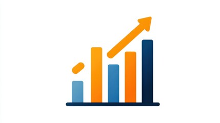 A bar graph with upward arrow clipart, business growth element, flat design infographic, orange and blue, isolated on white background.