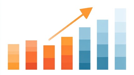 A bar graph with upward arrow clipart, business growth element, flat design infographic, orange and blue, isolated on white background.