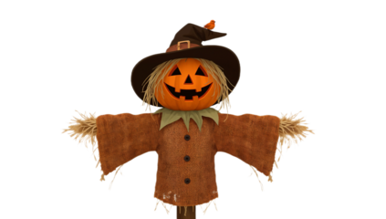 Whimsical Halloween Scarecrow Jack-o'-lantern Decoration with Traditional Witch Hat and Burlap Outfit, Isolated on White