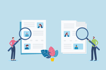 Two people examining resumes with magnifying glasses for hiring or recruitment process