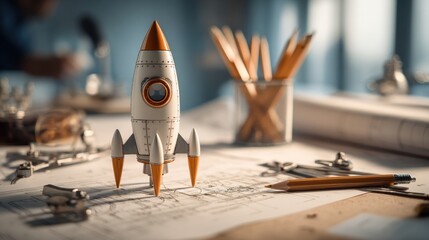 A creatively designed rocket model placed on a wooden table surrounded by art supplies and tools.