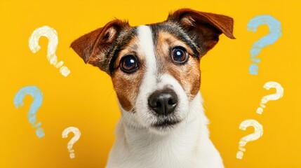 A curious dog with a questioning expression against a vibrant yellow background.