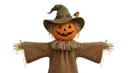 Whimsical Scarecrow with Pumpkin Head and Bird Accent, Perfect for Autumn and Halloween Decor