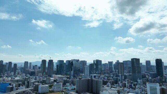 city, society, blue sky, drone, perspective, construction, japan, urban area, buildings, horizon, aerial view, building, economy, business, bird eye view, panorama, high angle, landscape, scenery, mod