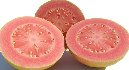 Halved Guava Fruit Displaying Seeds on White Background