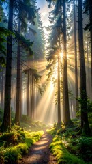 Obraz premium Forest path bathed in morning sunlight, with tall trees