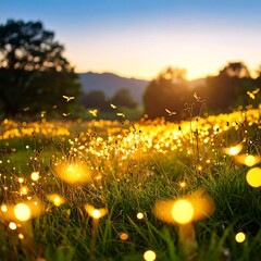 Fireflies Flying, Grassland at Sunset
