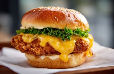 A delicious chicken sandwich with melted cheese, lettuce, and a sesame seed bun on display.