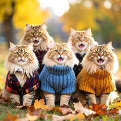 Five fluffy long-haired cats in autumn sweaters