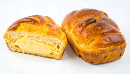 Two halves of a sweet bread with custard filling