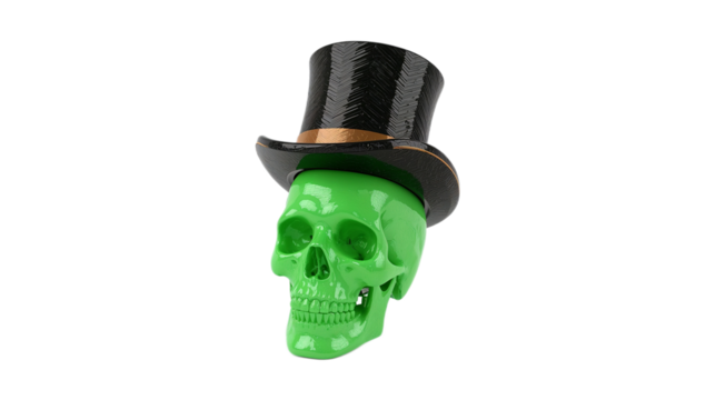 Green Skull Wearing a Top Hat A Surreal 3D Rendered Object