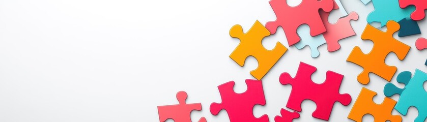 Obraz premium Brightly Colored Jigsaw Puzzle Pieces Scattered on White Surface with Bold Shapes and Vibrant Shades for Creative, Educational, or Recreational Use