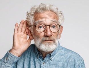 Mature man with glasses and a beard is listening intently with his hand cupped to his ear.