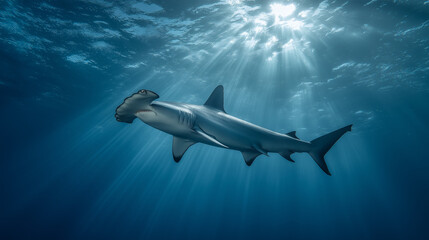 Obraz premium scalloped hammerhead shark swimming away deep in blue water, dramatic light shafts breaking through, wide-angle underwater shot.